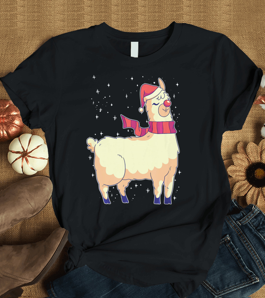 Christmas Llama Santa Hat Funny Alpaca with Scarf and Sparkling Stars T-Shirt