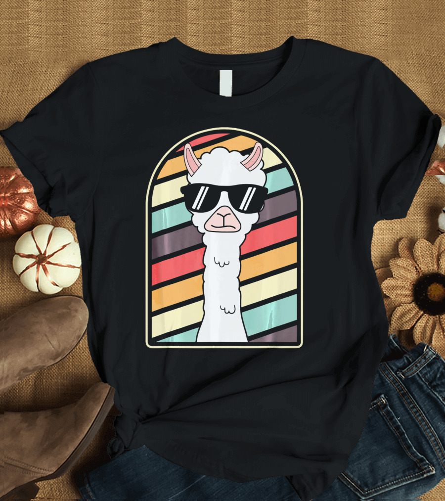 Cool Llama Retro Style Alpaca with Sunglasses Vintage Stripes T-Shirt