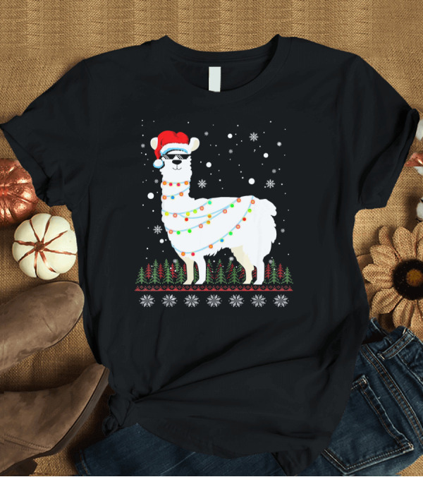 T-Shirt: Christmas Llama Santa Hat Glasses Ugly Sweater Lights Snowflakes Trees T-Shirt Christmas Llama Santa Hat Glasses Ugly Sweater Lights Snowflakes Trees T-Shirt