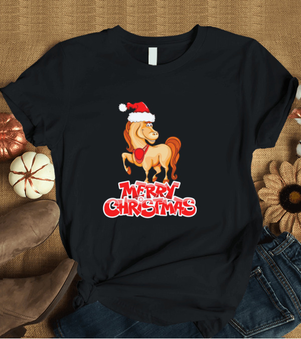 T-Shirt: Merry Christmas Horse Santa Hat T-Shirt Merry Christmas Horse Santa Hat T-Shirt