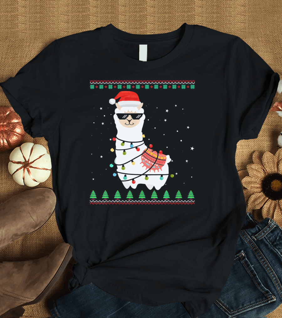 Christmas Llama Santa Hat Sunglasses Festive Lights Sweater Snowflakes T-Shirt