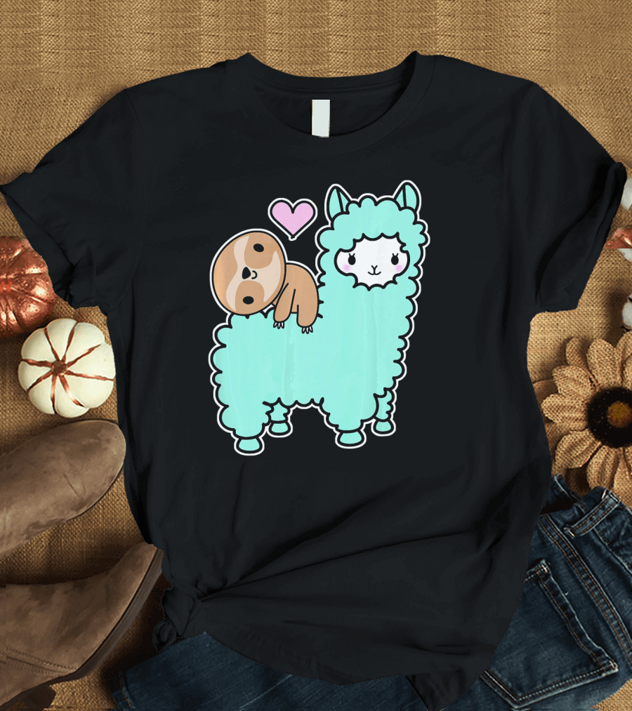 Cute Sloth and Llama Kawaii Best Friends with Heart T-Shirt