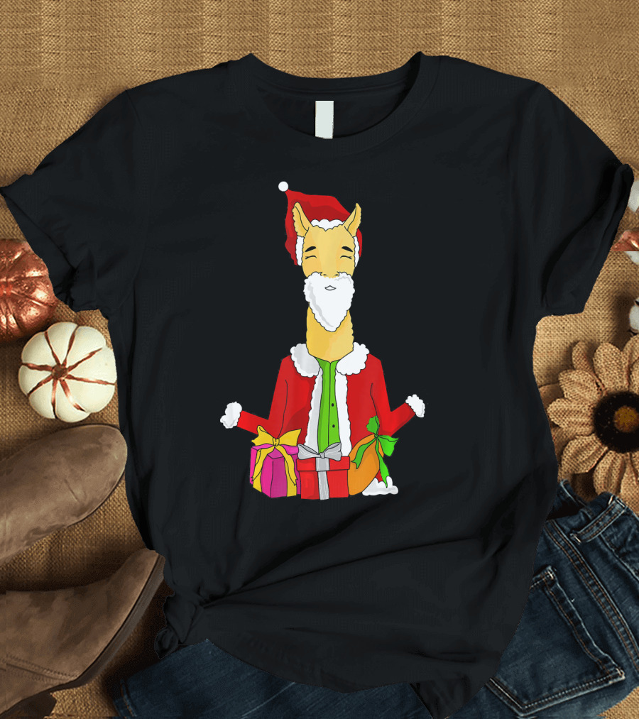 Alpaca Santa Claus with Gifts in Festive Costume T-Shirt