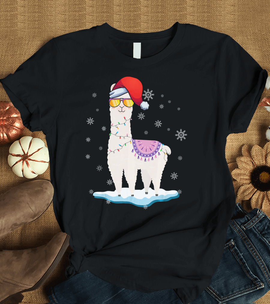 Christmas Llama Santa Hat Xmas Tree Alpa Snowflakes Glasses T-Shirt