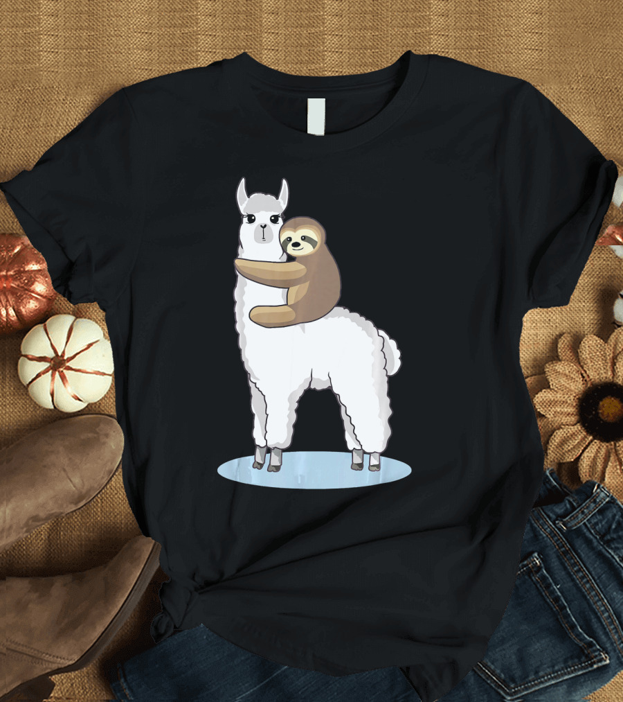 Cute Sloth Hugging Llama Alpaca T-Shirt