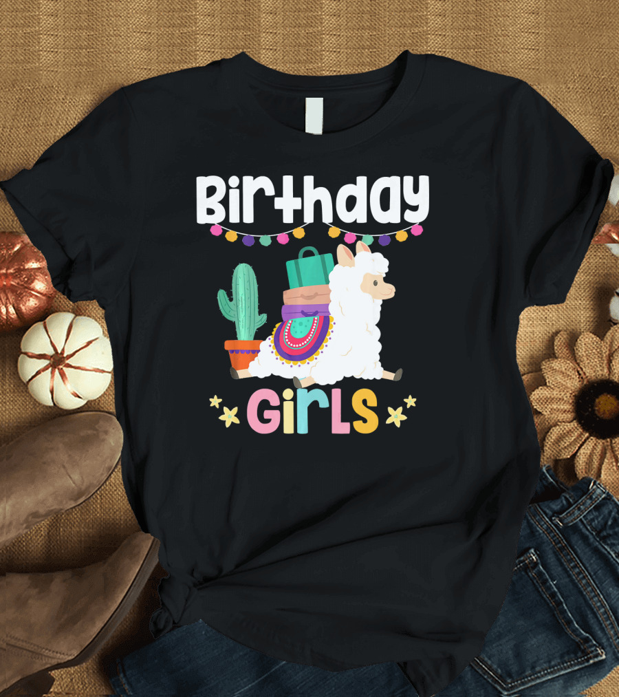 Birthday Girls Cute Alpaca Llama with Cactus and Colorful Decorations T-Shirt