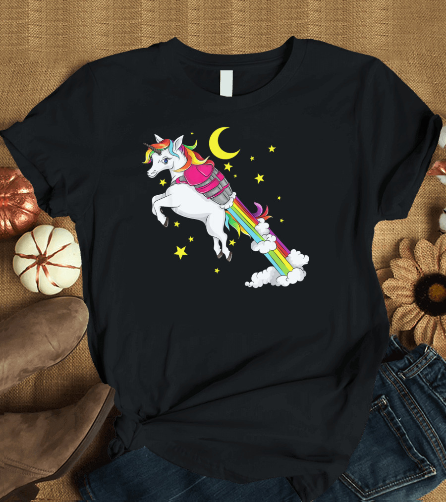 Cool Unicorn Rocket Rainbow Stars Funny Jetpack Moon T-Shirt