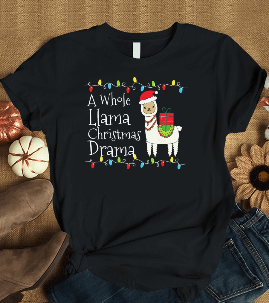 A Whole Llama Christmas Drama Cute Holiday Lights Santa Hat Gift T-Shirt