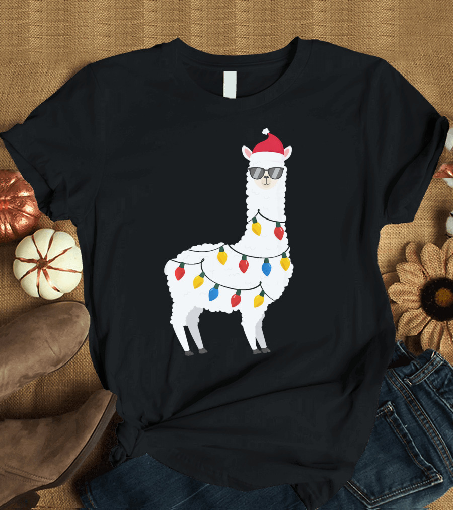 Christmas Llama Santa Hat Sunglasses Alpaca with Holiday Lights T-Shirt