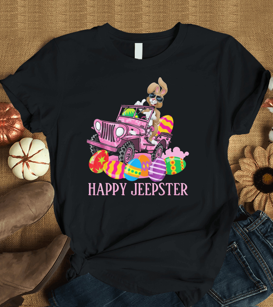 Happy Jeepster Bunny Rabbit in Pink Jeep with Colorful Easter Eggs T-Shirt
