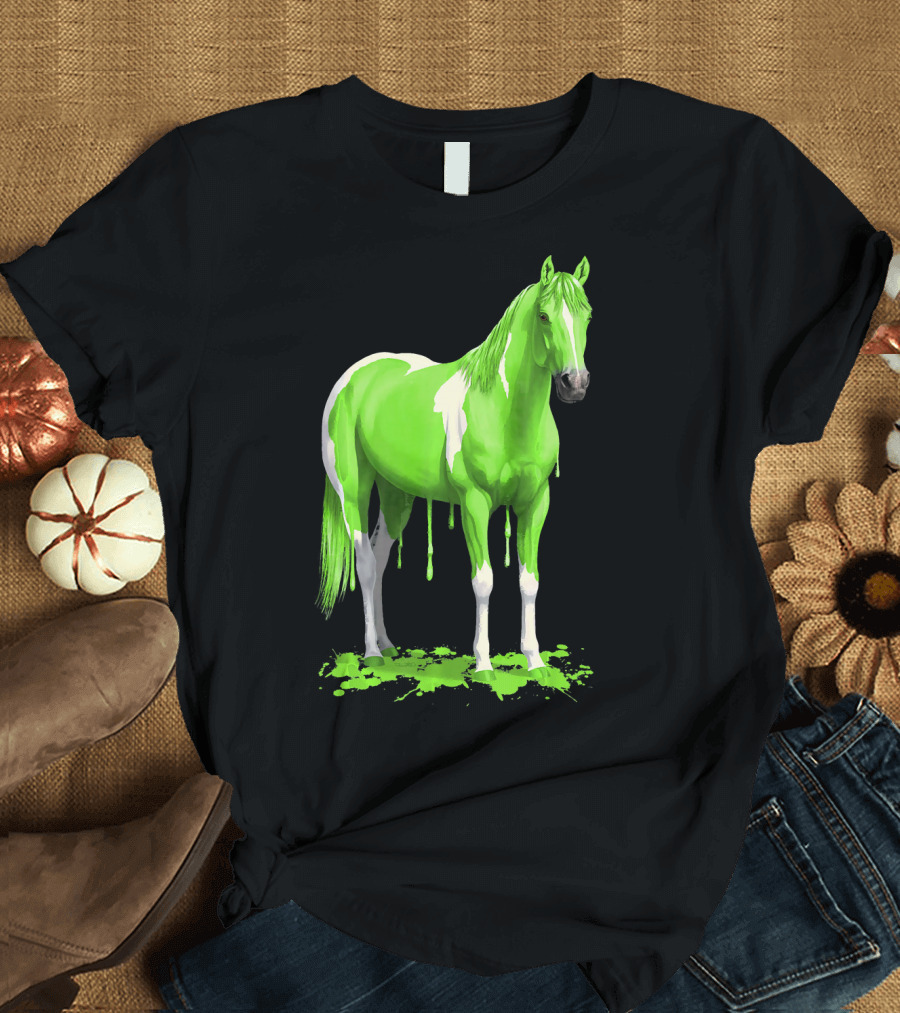 Wet Paint Dripping Neon Green Horse with White Contrast T-Shirt