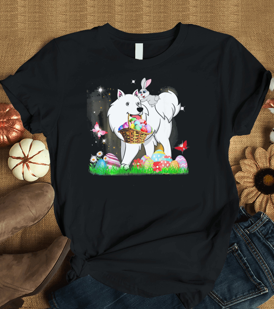 Easter Day American Eskimo Dog with Bunny and Colorful Easter Eggs Basket T-Shirt
