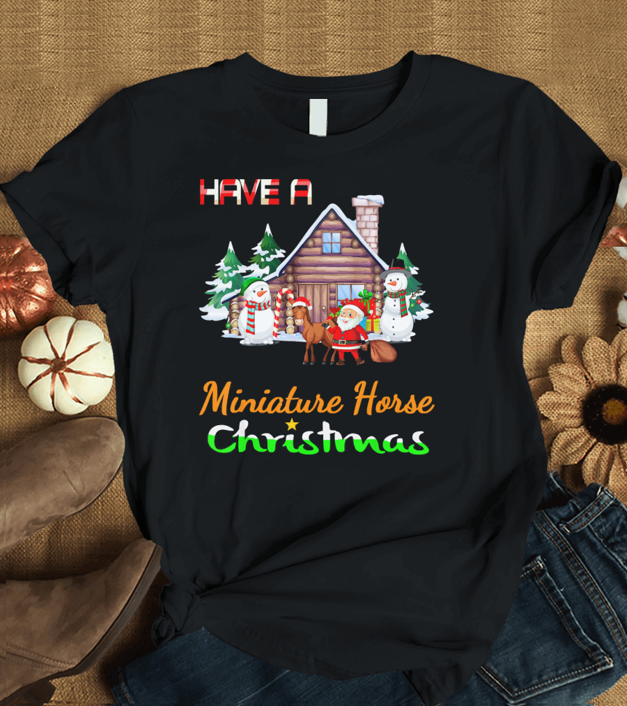 Have A Miniature Horse Christmas Santa and Snowman Holiday Scene T-Shirt