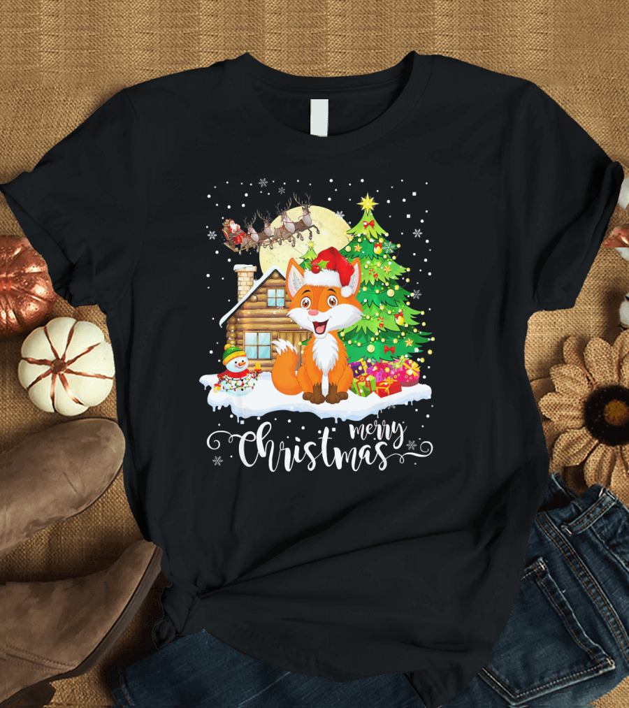 Merry Christmas Cute Fox Lover with Santa and Snowman T-Shirt