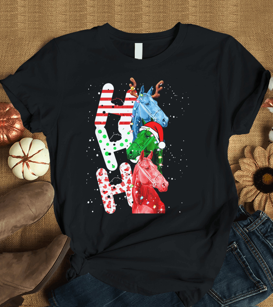 Ho Ho Ho Horse Reindeer Christmas Santa Hat Antler Funny T-Shirt