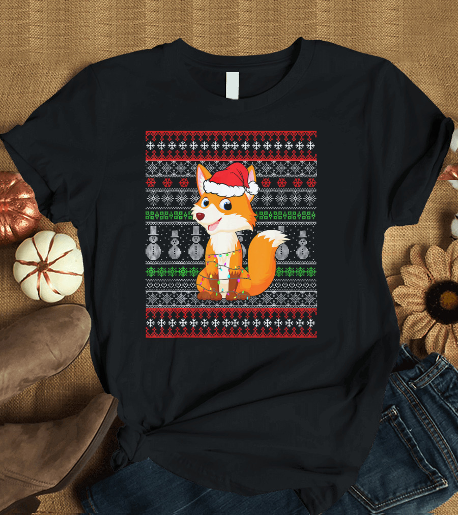 Funny Santa Hat Fox Christmas Lights Ugly T-Shirt