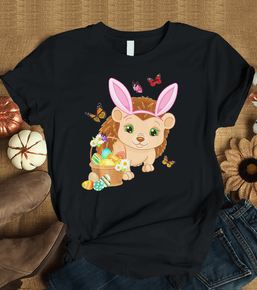 Hedgehog Wearing Bunny Hat with Easter Eggs and Butterflies T-Shirt