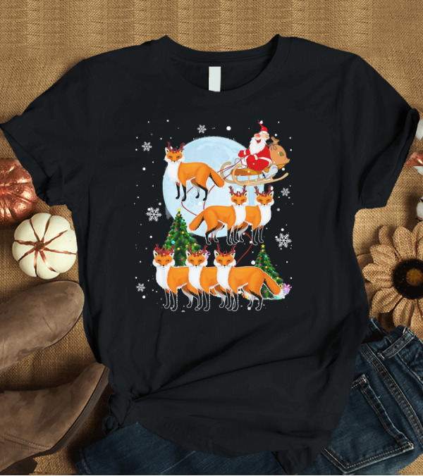 T-Shirt: Santa's Sleigh with Fox Reindeer Wild Animals Christmas Scene T-Shirt Santa's Sleigh with Fox Reindeer Wild Animals Christmas Scene T-Shirt