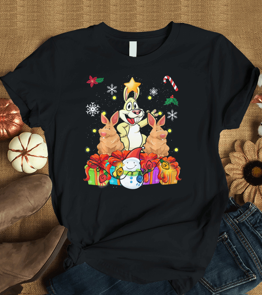 Funny Rabbit Christmas Tree with Gifts and Snowman T-Shirt