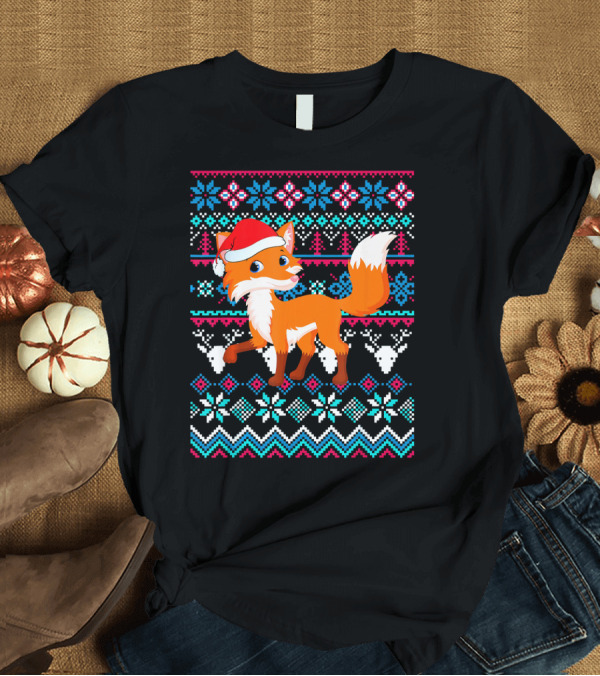 T-Shirt: Funny Fox Ugly Christmas Merry Snowflakes Santa Hat T-Shirt Funny Fox Ugly Christmas Merry Snowflakes Santa Hat T-Shirt