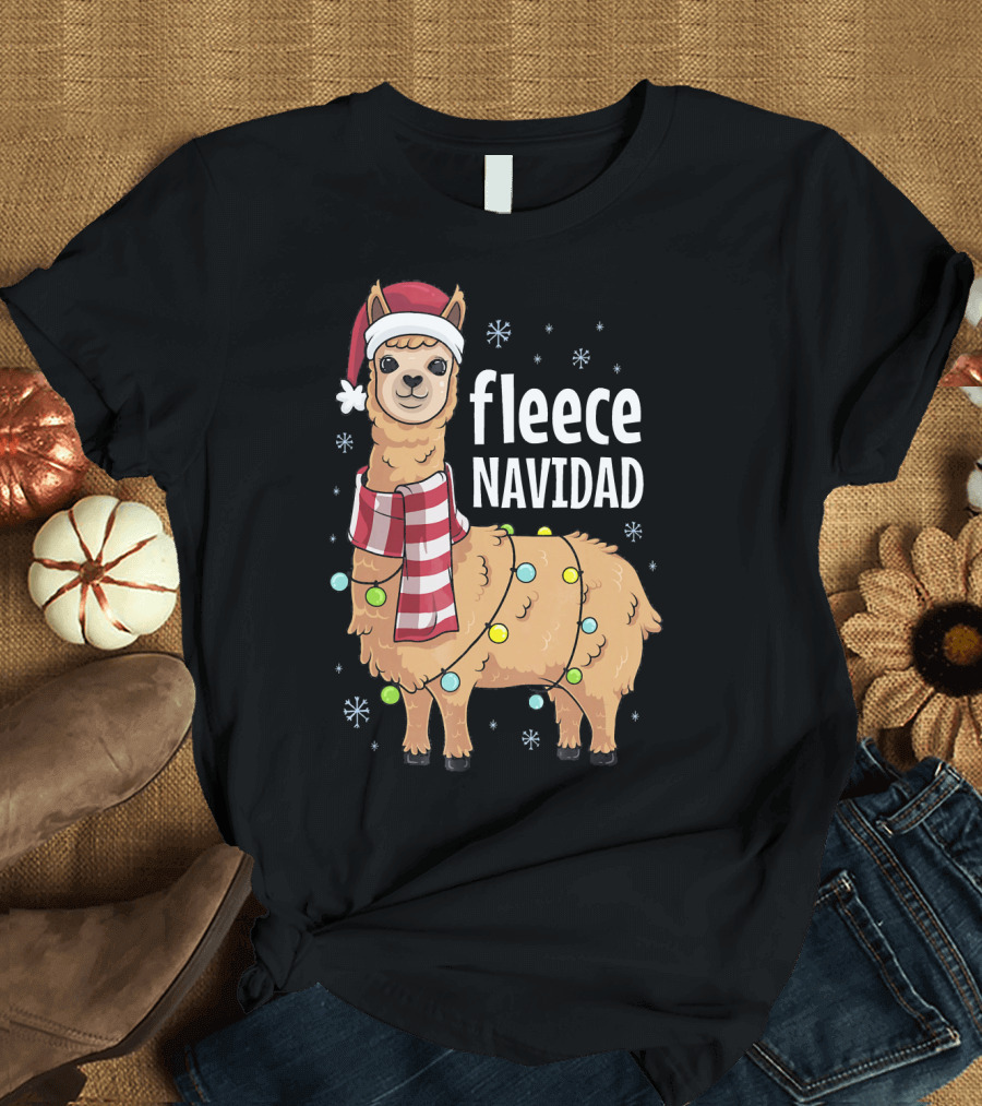Fleece Navidad Funny Cute Llama Christmas Lights and Santa Hat T-Shirt