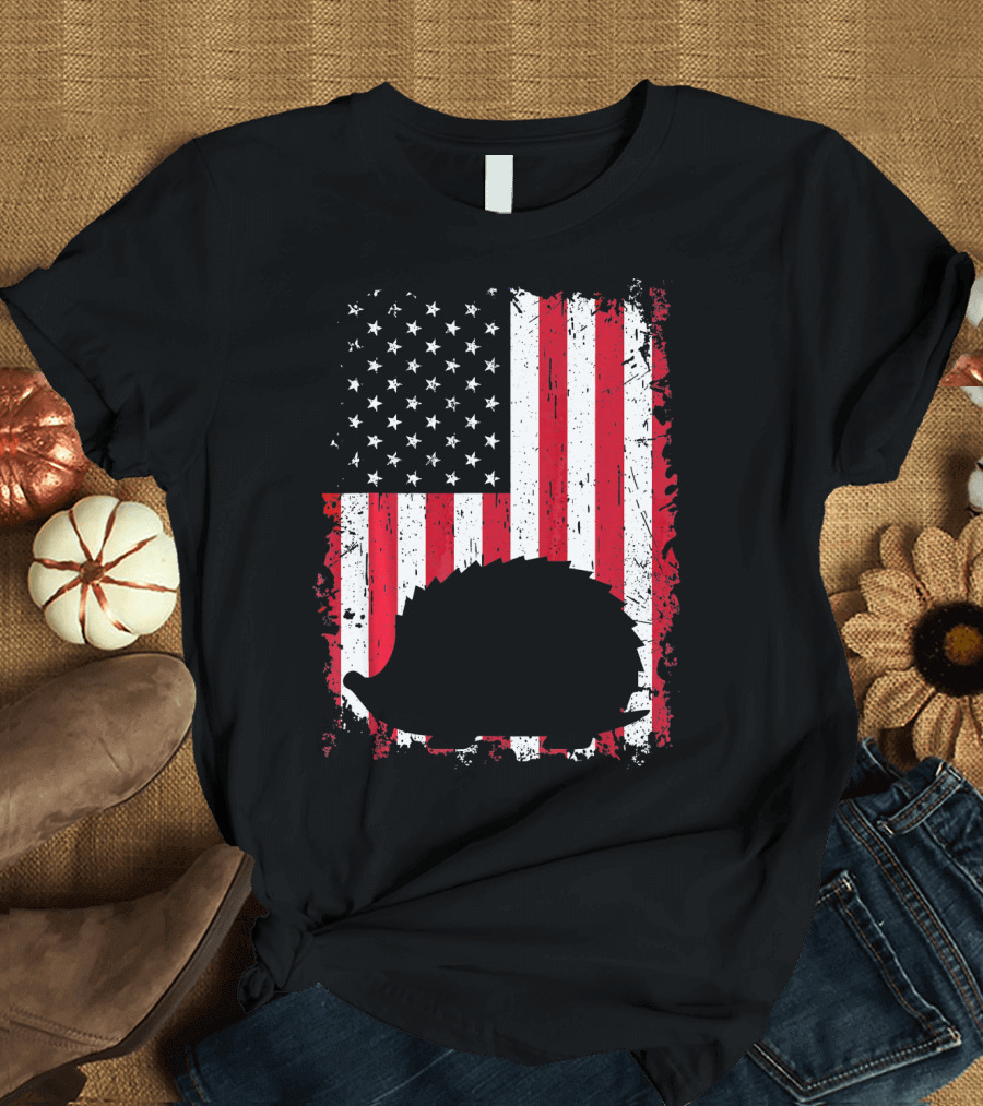 Hedgehog Silhouette with Vintage American Flag 4th of July USA T-Shirt