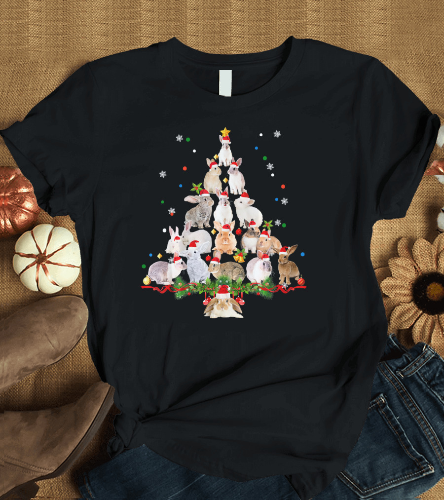Funny Rabbit Christmas Tree Ornament Santa Hats Festive Rabbits T-Shirt