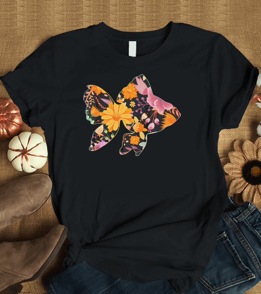 Floral Flower Vintage Retro Butterfly GOLD T-Shirt