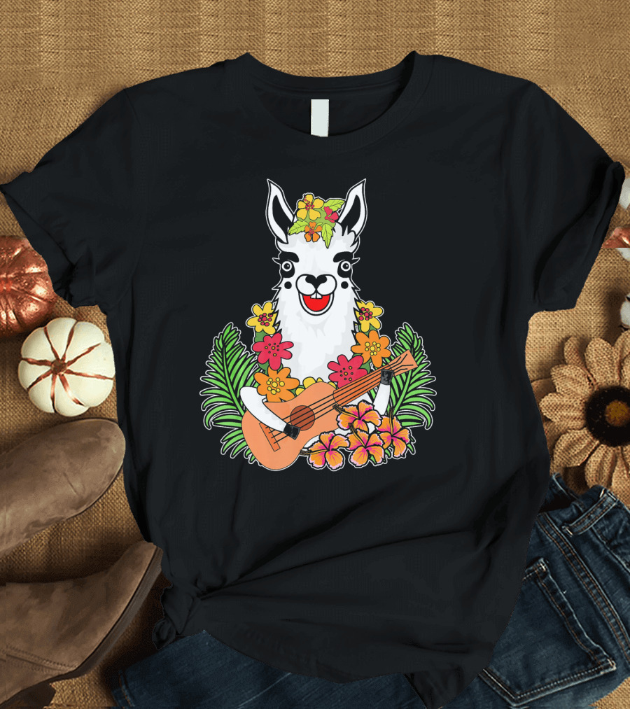 Funny Llama Playing Ukulele on Hawaii Vacation with Tropical Flowers T-Shirt