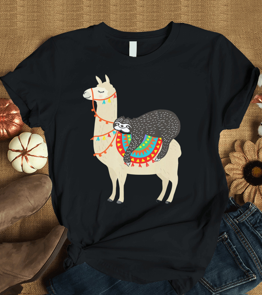 Funny Sloth Riding Llama with Colorful Blanket T-Shirt