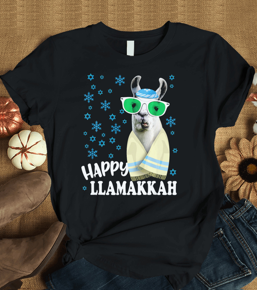 Happy Llamakkah Funny Llama with Glasses and Snowflakes T-Shirt
