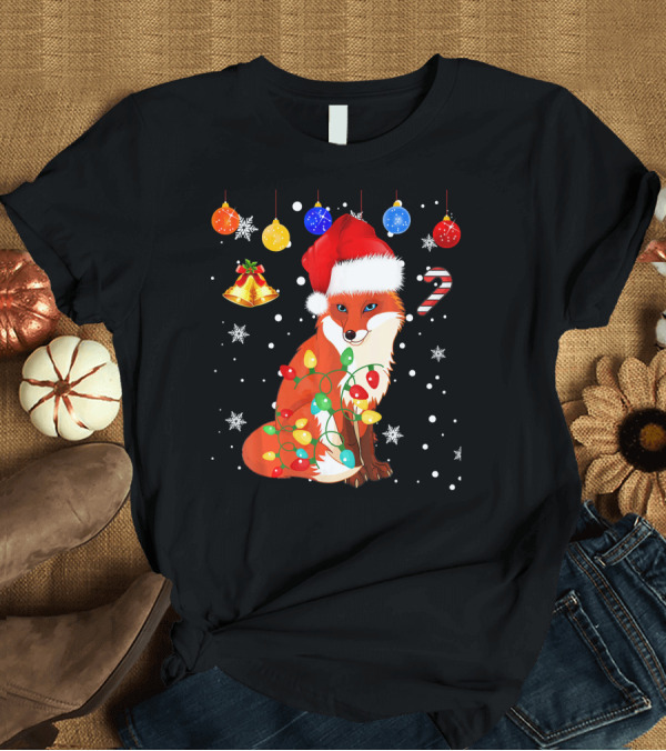 T-Shirt: Christmas Fox Festive Lights Santa Hat Snowflakes Ornaments Holiday Candy Cane T-Shirt Christmas Fox Festive Lights Santa Hat Snowflakes Ornaments Holiday Candy Cane T-Shirt