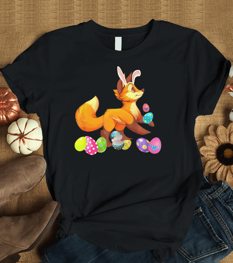 Fox Wearing Bunny Rabbit Hat with Colorful Easter Eggs T-Shirt