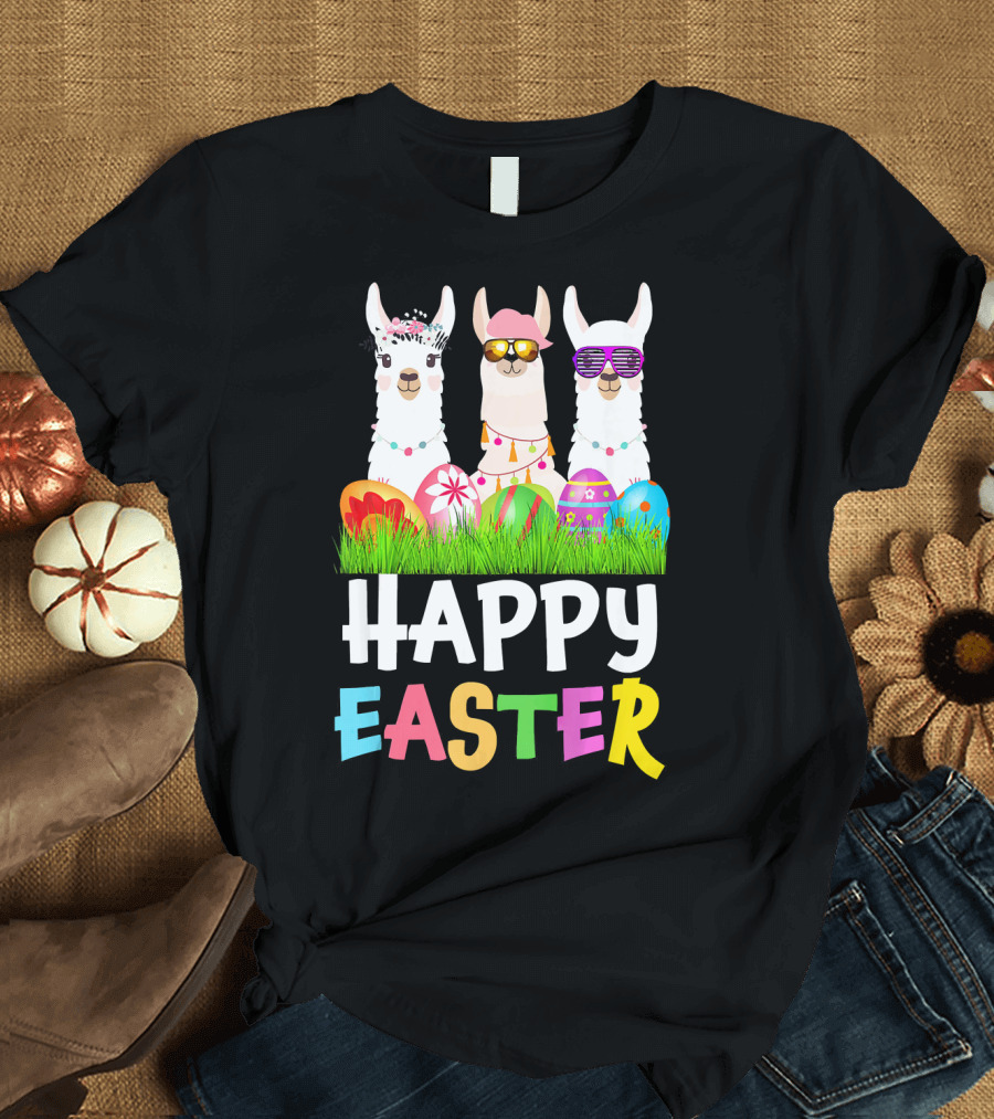 Happy Easter Llama Alpaca with Sunglasses and Easter Eggs T-Shirt
