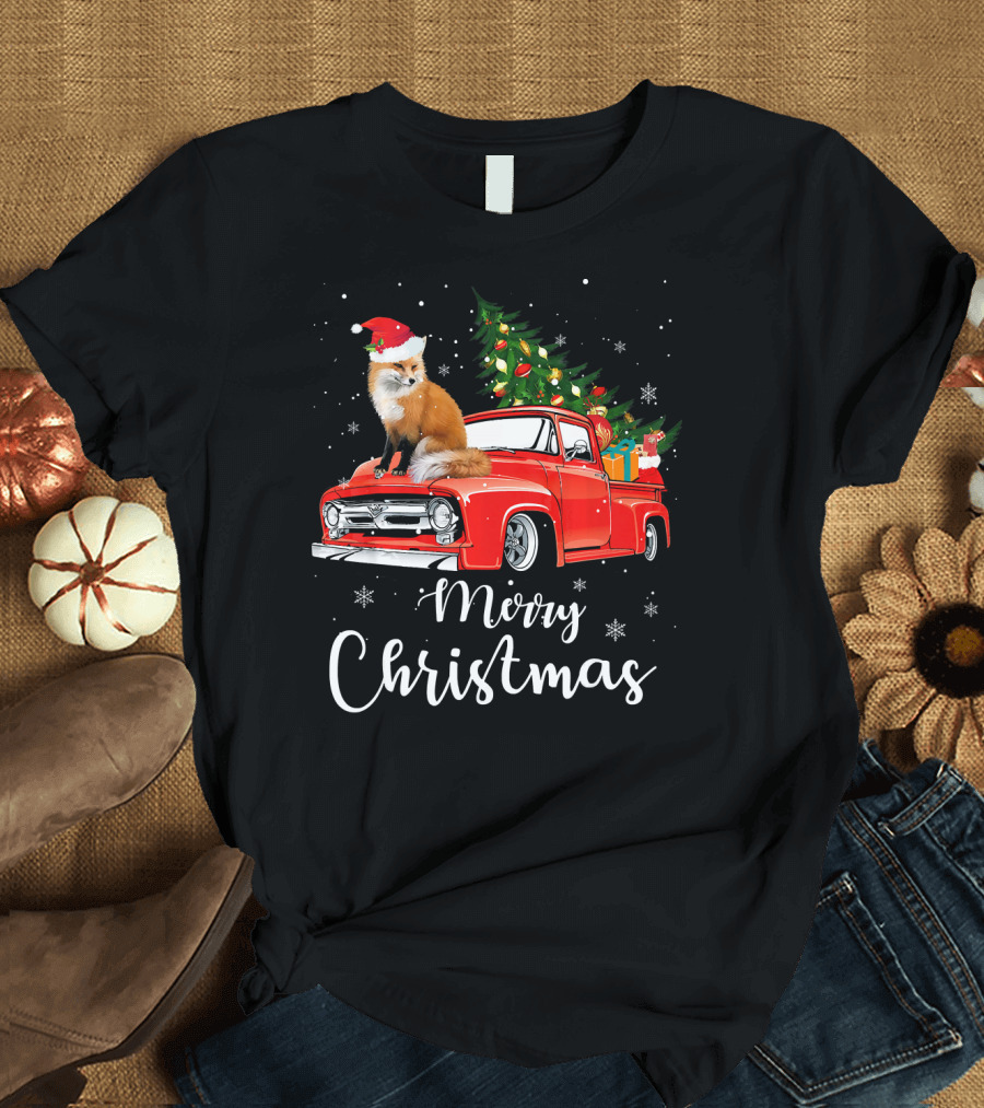 Merry Christmas Funny Fox on Red Truck with Christmas Tree T-Shirt