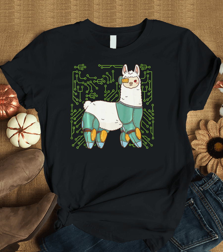 Cyborg Llama Robot Alpaca Circuitry Humor T-Shirt