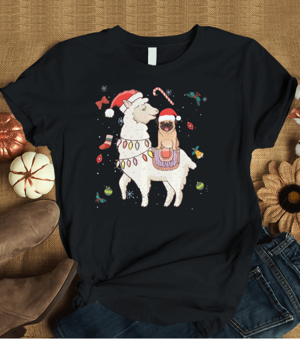 T-Shirt: Funny Christmas Llama Alpaca with Santa Hat Pug T-Shirt Funny Christmas Llama Alpaca with Santa Hat Pug T-Shirt