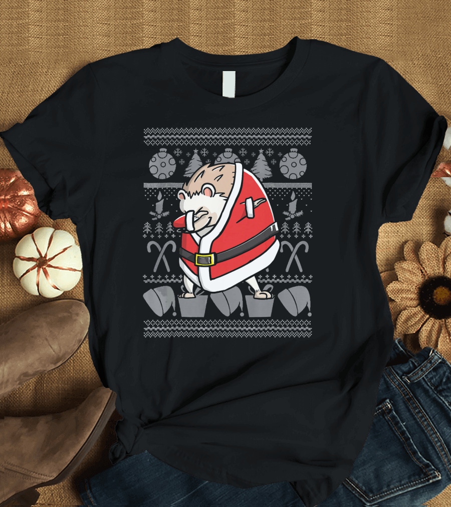 Funny Dabbing Hedgehog Pet Ugly Christmas Sweater Santa Hat T-Shirt