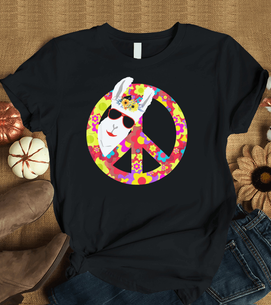 70s Flower Power Peace Sign Llama Alpaca with Sunglasses T-Shirt