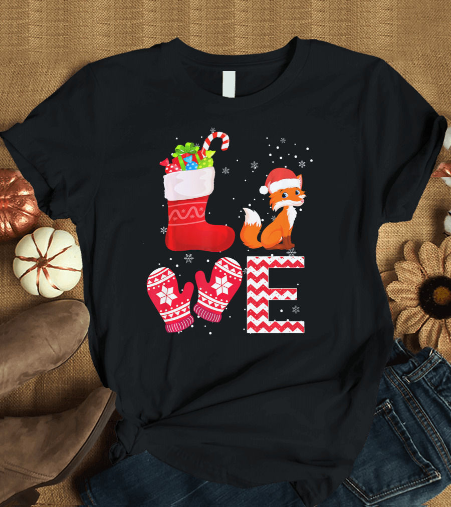 LOVE Christmas Fox Santa Hat Stocking Mittens Snowflakes T-Shirt