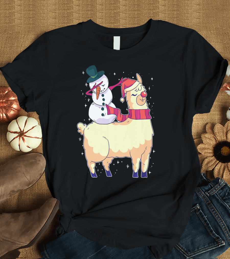Funny Llama Christmas Dabbing Snowman Santa Hat Scarf T-Shirt
