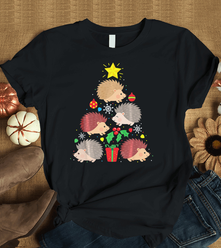 Funny Hedgehog Christmas Tree Ornament with Star and Presents T-Shirt