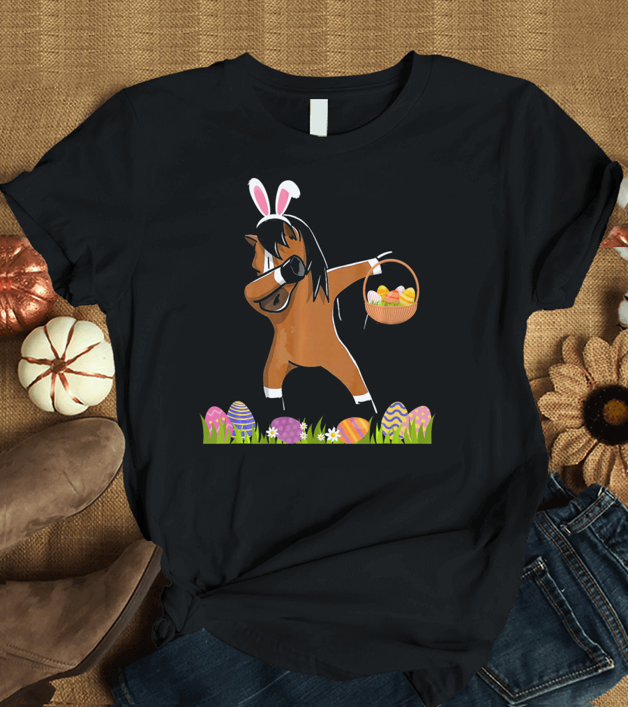 Funny Dabbing Horse with Easter Egg Basket and Bunny Ears T-Shirt