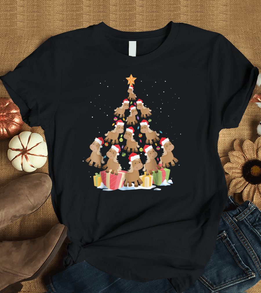 Funny Horse Christmas Tree Santa Hats and Presents T-Shirt