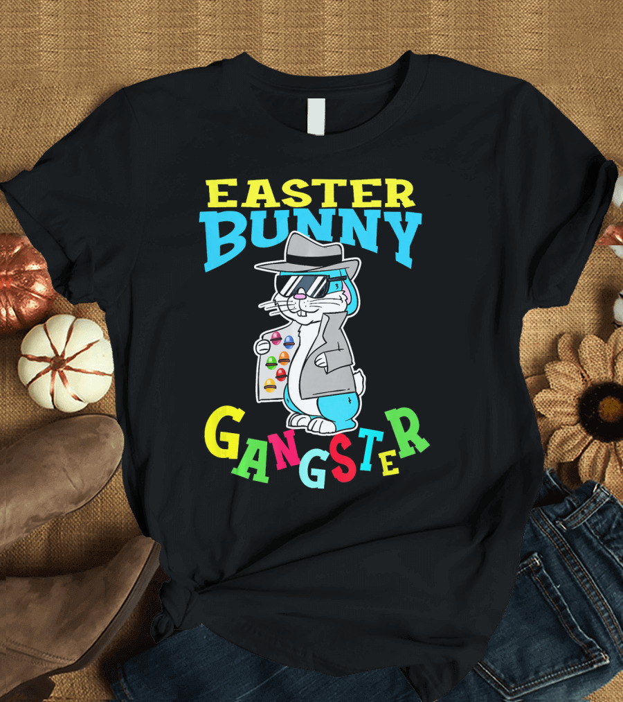 Easter Bunny Gangster in Shades with Colorful Eggs T-Shirt