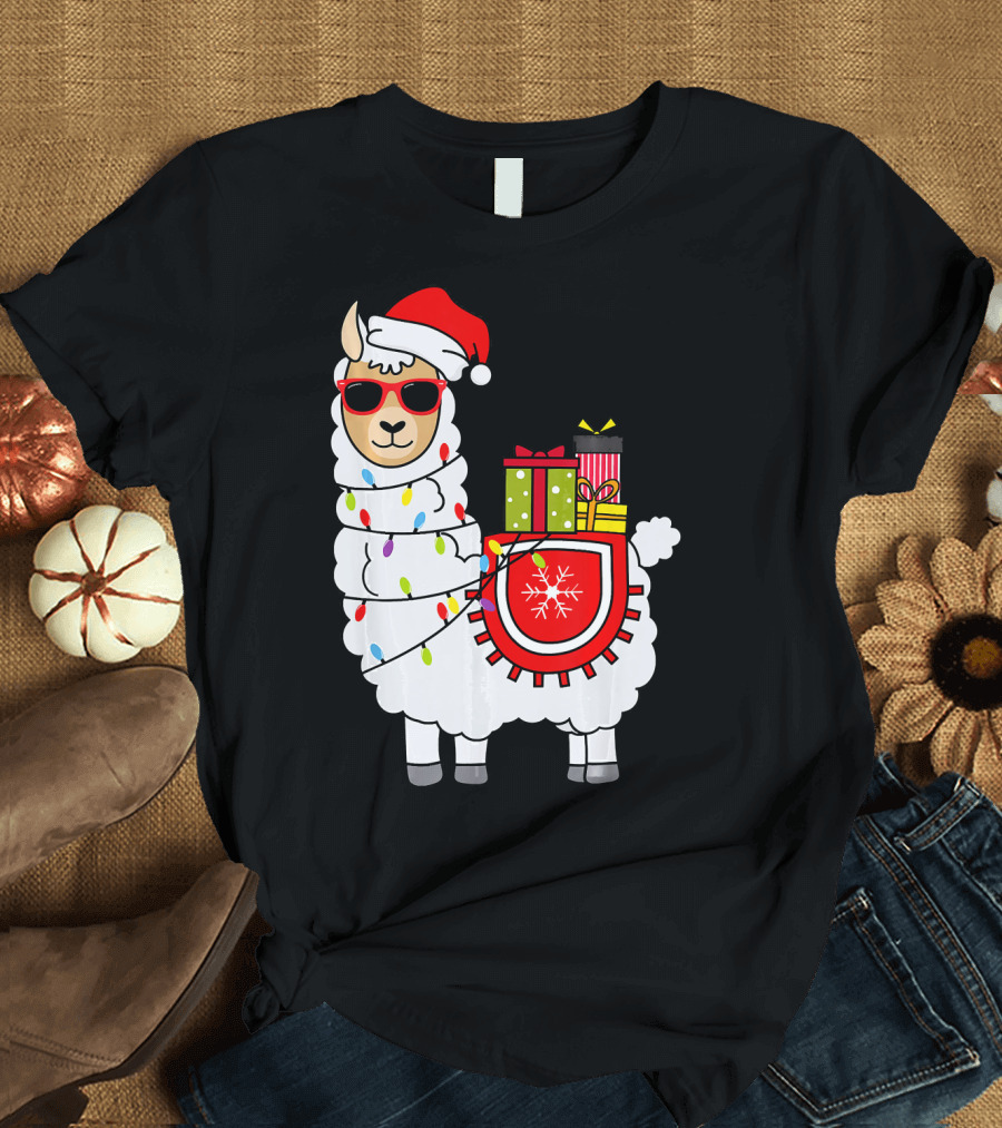 Santa Llama Christmas Lights and Gifts Fun T-Shirt