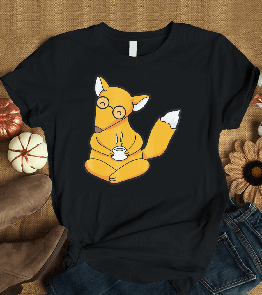 Happy Cartoon Fox Nerd Tea Time T-Shirt