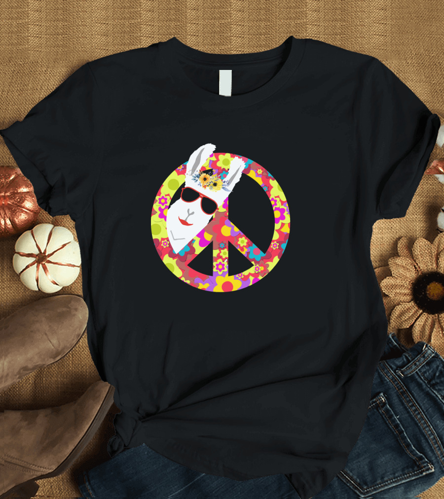 Funny Llama Alpaca Hippie Flower Power Peace Sign with Sunglasses T-Shirt