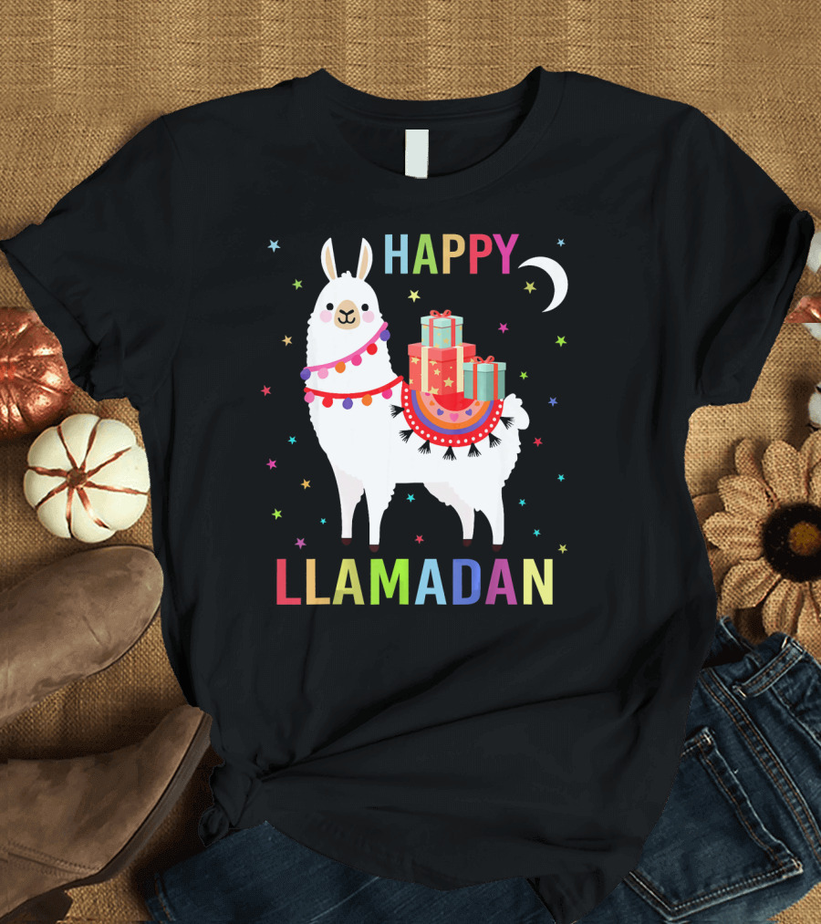 Happy Llamadan Colorful Llama with Gifts and Stars T-Shirt