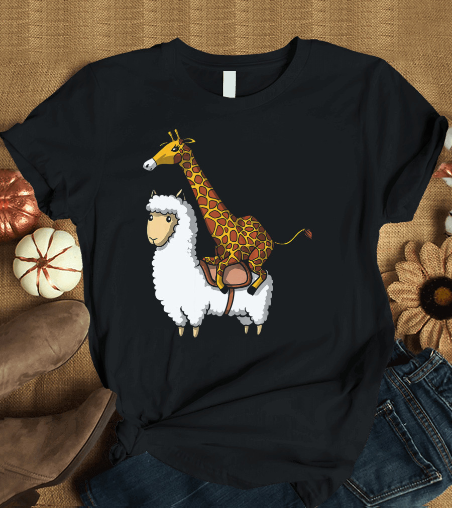Giraffe Riding Llama Alpaca Funny Animal Adventure T-Shirt